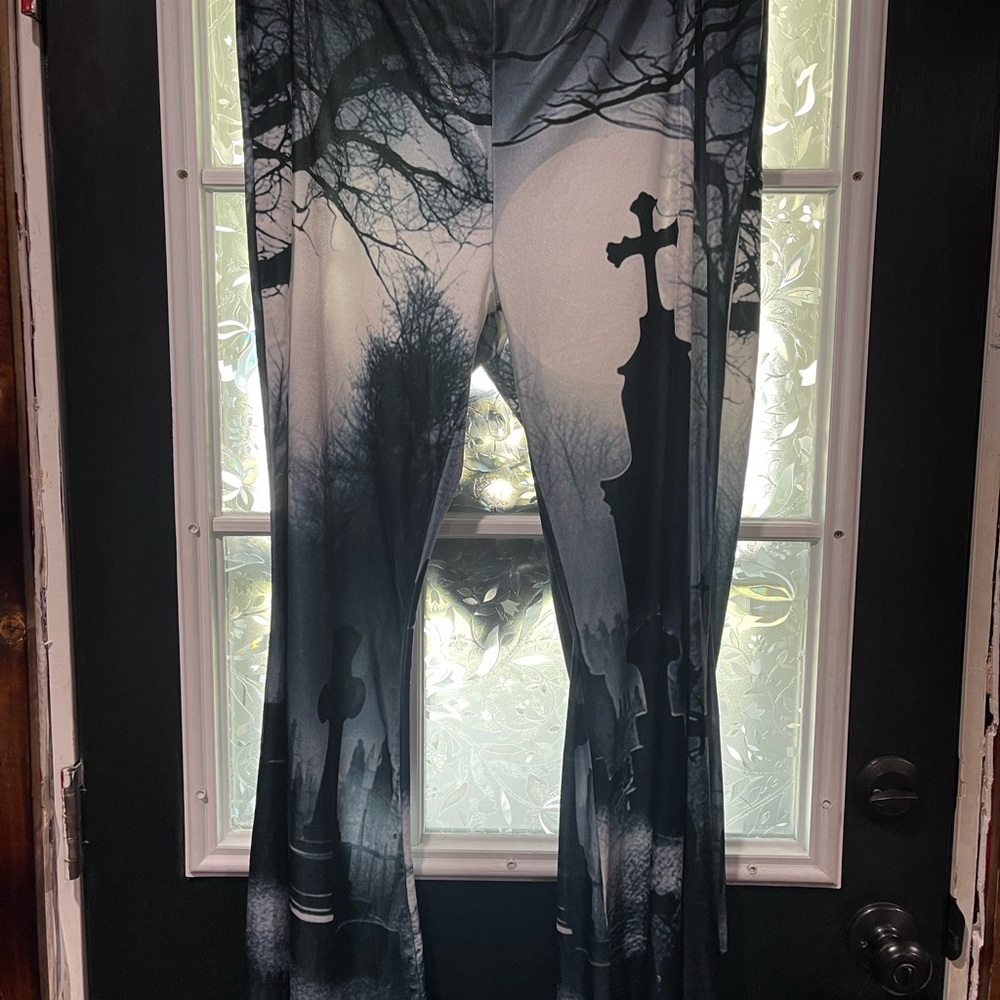 Gothic Cemetery Print Flare Velvet Pants
